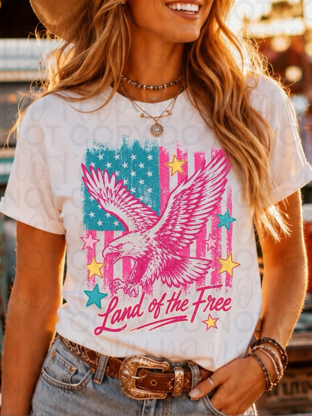 Land of the Free Eagle Graphic Tee - White with Pink & Teal